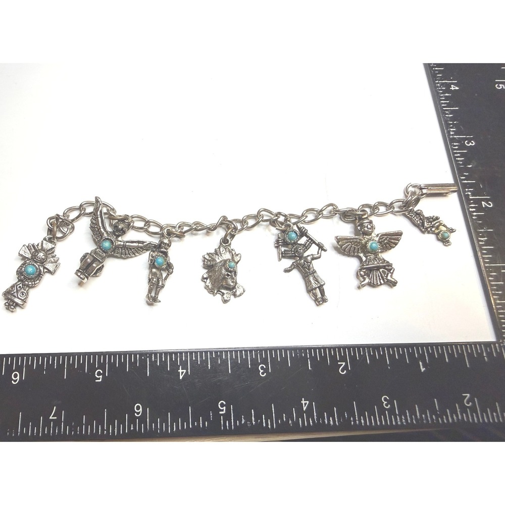 Aztec Mayan Charm Bracelet Silver Tone Turquoise Accents Tribal Figures 7 Inch